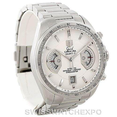 The image shows a Tag Heuer Carrera CAV511B Men's Stainless Steel Silver Dial CAV511B Men's Stainless Steel Silver Dial watch from a three-quarter angle, highlighting the watch face, bezel, and steel bracelet.