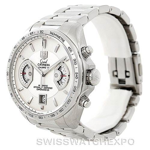 The image shows a side-angle view of a Tag Heuer Carrera CAV511B Men's Stainless Steel Silver Dial CAV511B Men's Stainless Steel Silver Dial watch, highlighting the bracelet, face, and chronograph pushers.