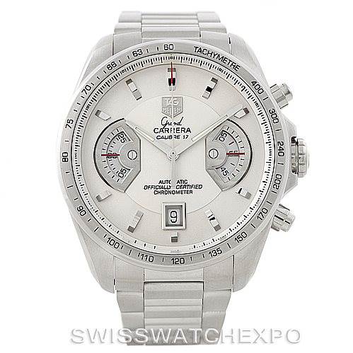 The image shows a frontal view of a Tag Heuer Carrera CAV511B Men's Stainless Steel Silver Dial CAV511B Men's Stainless Steel Silver Dial Calibre 17 Chronometer watch, highlighting its dial, bezel, and bracelet.