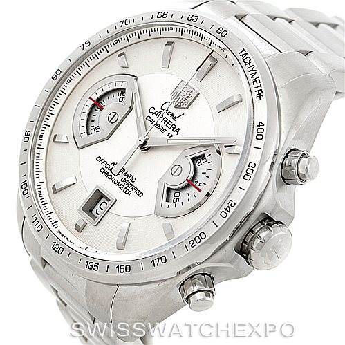 The image shows a Tag Heuer Carrera CAV511B Men's Stainless Steel Silver Dial CAV511B Men's Stainless Steel Silver Dial watch at a slight angle, highlighting the face, subdials, tachymeter scale, and crown.