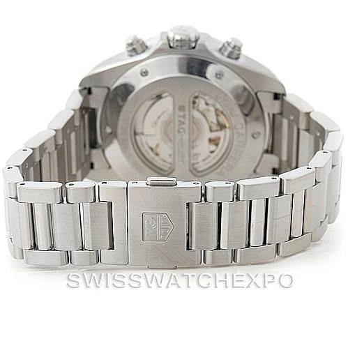 The image shows the rear view of a Tag Heuer Carrera CAV511B Men's Stainless Steel Silver Dial CAV511B Men's Stainless Steel Silver Dial watch, focusing on the bracelet and open case back.