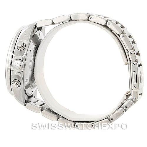 The image shows a side view of the Tag Heuer Carrera CAV511B Men's Stainless Steel Silver Dial CAV511B Men's Stainless Steel Silver Dial watch, highlighting the case, crown, pushers, and stainless steel bracelet.