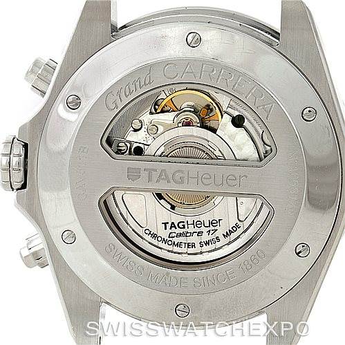 This image shows the back view of a Tag Heuer Carrera CAV511B Men's Stainless Steel Silver Dial CAV511B Men's Stainless Steel Silver Dial watch, highlighting its movement and inscriptions.
