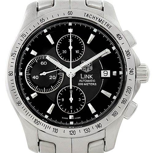 The image shows a frontal view of the Tag Heuer Link CJF2110 Men
s Stainless Steel Black Dial CJF2110 Men
s Stainless Steel Black Dial model watch, highlighting the dial and chronograph features.