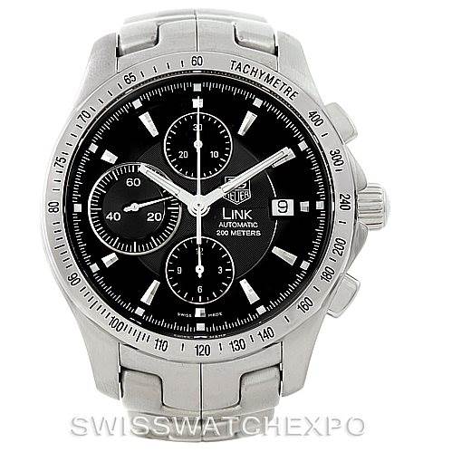 This image shows a front view of the Tag Heuer Link CJF2110 Men
s Stainless Steel Black Dial CJF2110 Men
s Stainless Steel Black Dial model watch, displaying its dial, bezel, subdials, pushers, and crown.