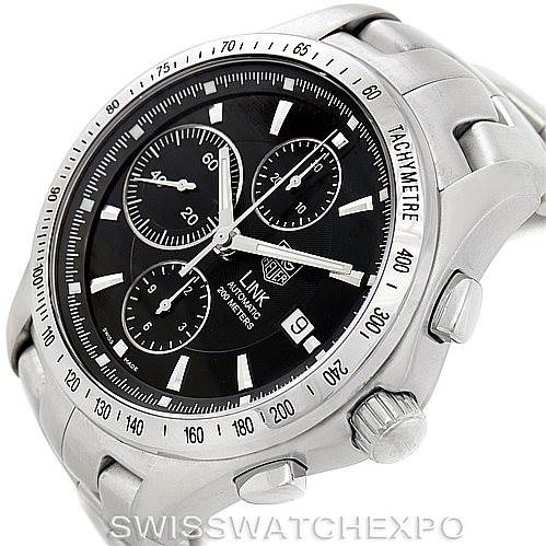 The Tag Heuer Link CJF2110 Men
s Stainless Steel Black Dial CJF2110 Men
s Stainless Steel Black Dial model watch is shown at an angled view, displaying its face, crown, and part of the bracelet.