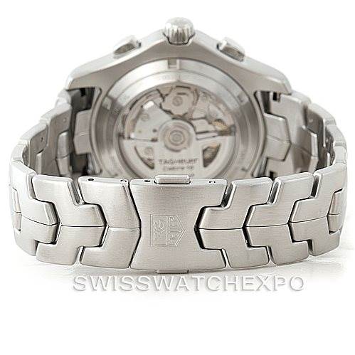 The image shows the back view of a Tag Heuer Link CJF2110 Men
s Stainless Steel Black Dial CJF2110 Men
s Stainless Steel Black Dial model watch, highlighting its bracelet and case back.