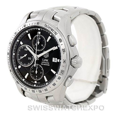 The image shows a Tag Heuer Link CJF2110 Men
s Stainless Steel Black Dial CJF2110 Men
s Stainless Steel Black Dial model watch at a three-quarter angle, highlighting its face, bezel, crown, and bracelet.