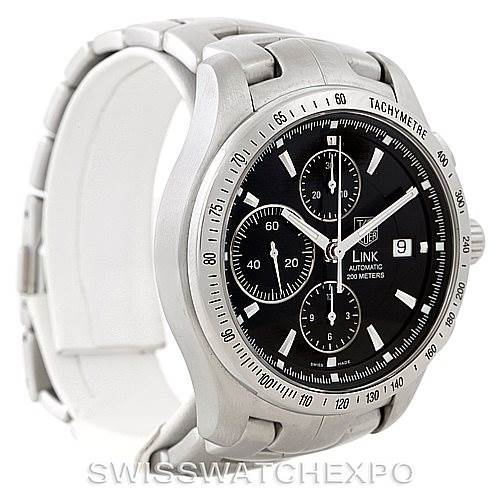 The Tag Heuer Link CJF2110 Men
s Stainless Steel Black Dial CJF2110 Men
s Stainless Steel Black Dial watch is shown at a three-quarter angle, highlighting its face, bezel, and part of the bracelet.