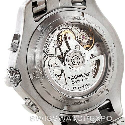The image shows the back of a Tag Heuer Link CJF2110 Men
s Stainless Steel Black Dial CJF2110 Men
s Stainless Steel Black Dial model watch, displaying its inner mechanical movements labeled "Calibre 16."