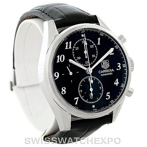 The image shows a front view of a Tag Heuer Carrera CAS2110 Men's Stainless Steel Black Dial CAS2110 Men's Stainless Steel Black Dial model watch, highlighting its black dial and chronograph features.