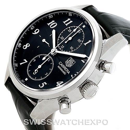 This image shows a Carrera Tag Heuer watch from a slight side angle, highlighting its face, crown, and pushers.