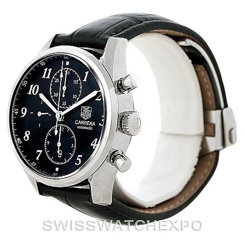 This image shows a Tag Heuer Carrera CAS2110 Men's Stainless Steel Black Dial CAS2110 Men's Stainless Steel Black Dial watch at a three-quarter angle, highlighting the face, side buttons, and leather strap.