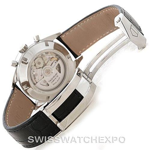 This image shows the back view and clasp mechanism of a Tag Heuer Carrera CAS2110 Men's Stainless Steel Black Dial CAS2110 Men's Stainless Steel Black Dial watch, highlighting the movement and leather strap.