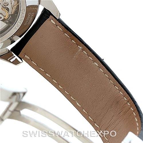 The image shows the leather strap and part of the case back of a Tag Heuer Carrera CAS2110 Men's Stainless Steel Black Dial CAS2110 Men's Stainless Steel Black Dial watch.