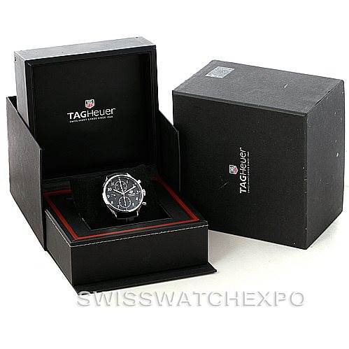 The Tag Heuer Carrera CAS2110 Men's Stainless Steel Black Dial CAS2110 Men's Stainless Steel Black Dial watch is shown in an open black box, with an additional outer box next to it.