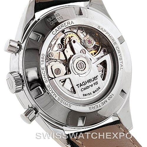The image shows the back view of a Carrera model by Tag Heuer, revealing its internal mechanics and sapphire crystal case.