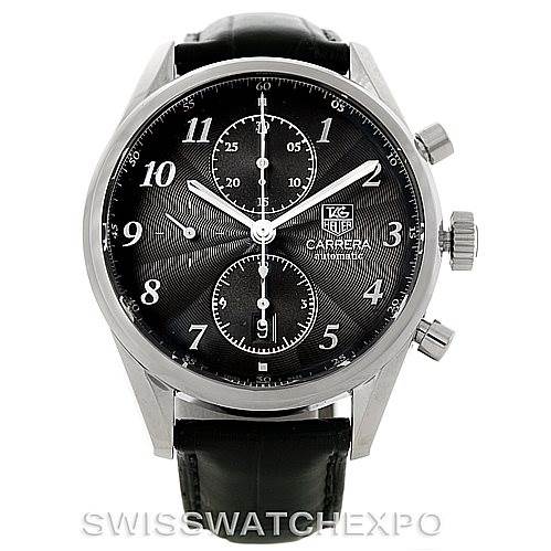 The image shows a front view of the Tag Heuer Carrera CAS2110 Men's Stainless Steel Black Dial CAS2110 Men's Stainless Steel Black Dial watch, highlighting its black dial, chronograph subdials, and leather strap.