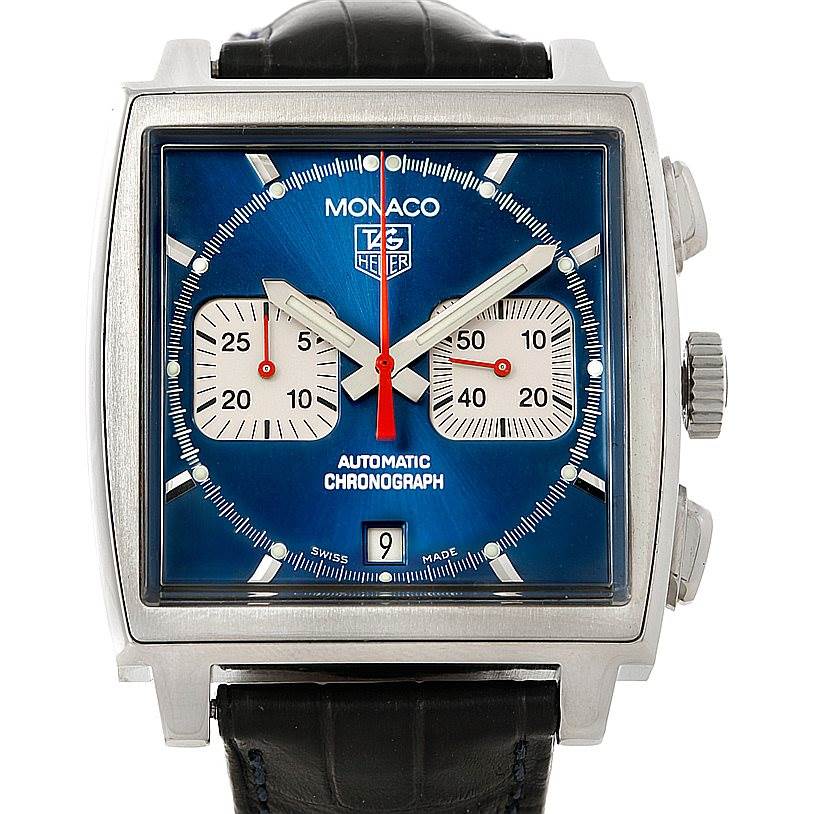 The Tag Heuer Monaco CW2113 Men
s Stainless Steel Blue Dial CW2113 Men
s Stainless Steel Blue Dial watch is shown from a front angle, highlighting its blue face, square case, chronograph sub-dials, and black leather strap.