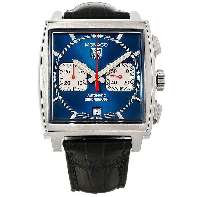 The image shows a front view of a Tag Heuer Monaco CW2113 Men
s Stainless Steel Blue Dial CW2113 Men
s Stainless Steel Blue Dial watch with a square blue dial and black leather strap.