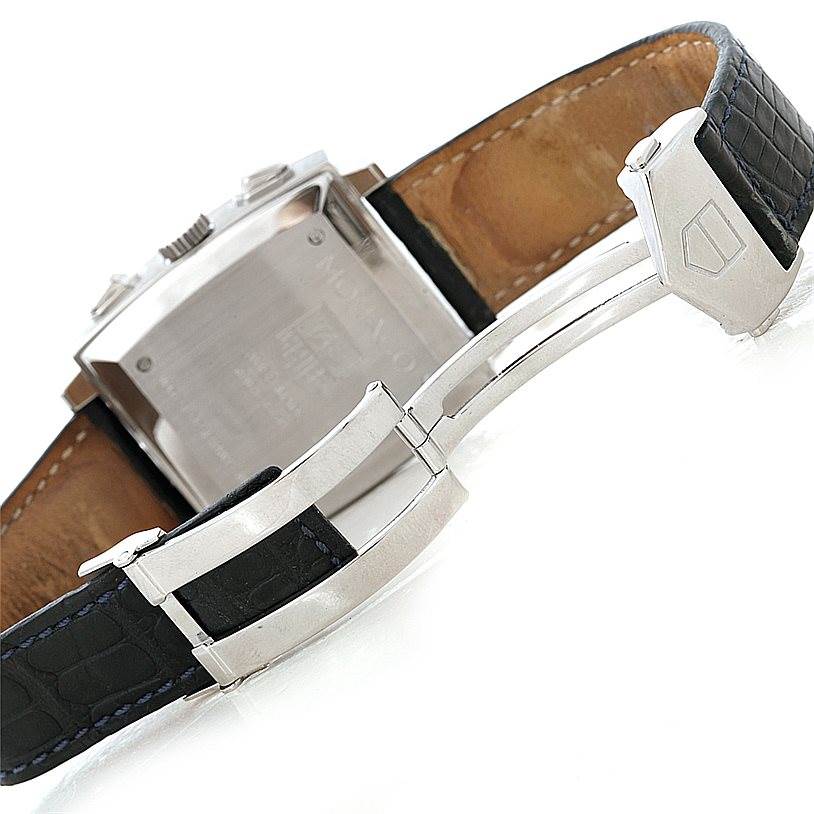 The image shows the back and clasp of a Tag Heuer Monaco CW2113 Men
s Stainless Steel Blue Dial CW2113 Men
s Stainless Steel Blue Dial watch, highlighting the clasp mechanism and leather strap.