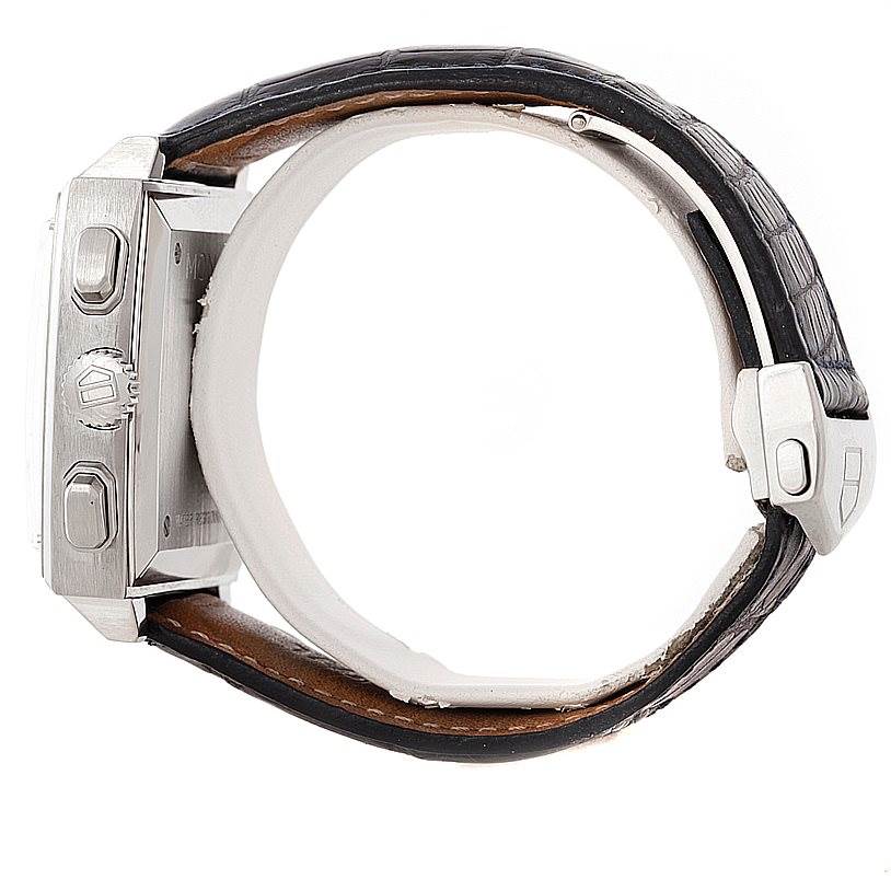 This image shows a side view of the Tag Heuer Monaco CW2113 Men
s Stainless Steel Blue Dial CW2113 Men
s Stainless Steel Blue Dial watch, featuring its crown, pushers, and leather strap.