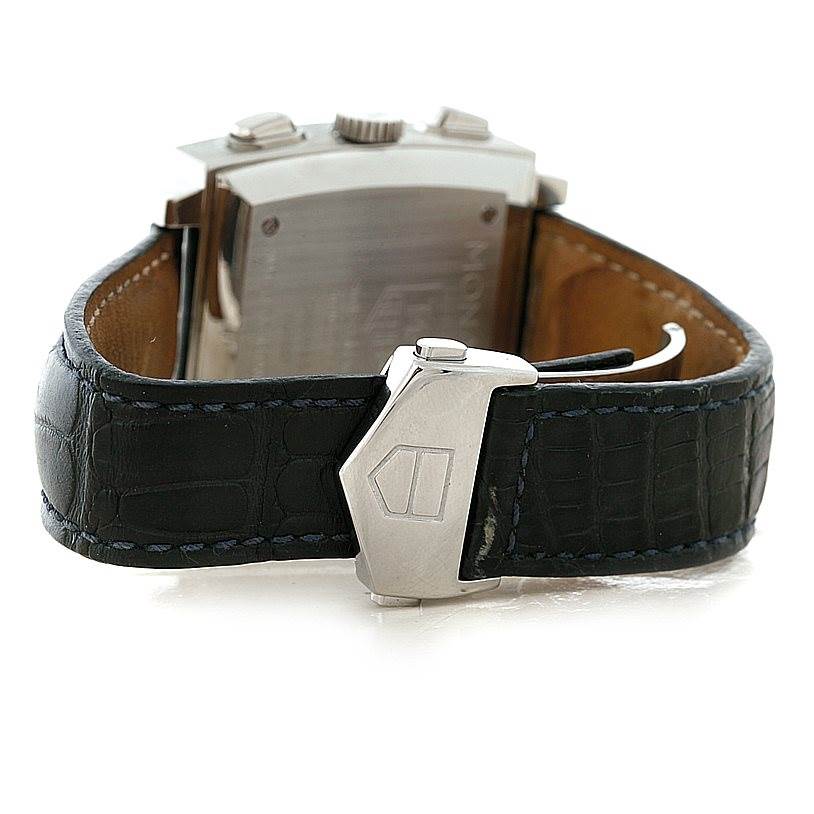 The image shows the back and clasp of the Tag Heuer Monaco CW2113 Men
s Stainless Steel Blue Dial CW2113 Men
s Stainless Steel Blue Dial watch, highlighting the leather strap and the steel buckle.