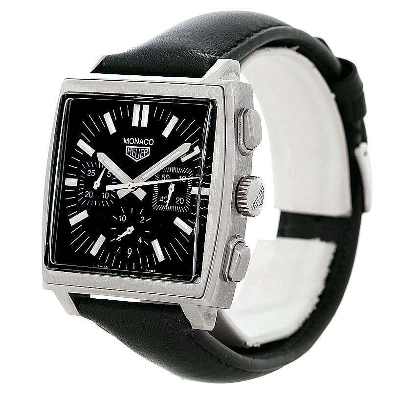 The image shows a side angle of the Tag Heuer Monaco CS2111 Men's Stainless Steel Black Dial CS2111 Men's Stainless Steel Black Dial watch, highlighting its crown, pushers, dial, and strap.