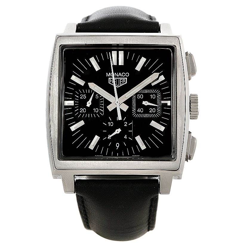 The image shows a front view of a Tag Heuer Monaco CS2111 Men's Stainless Steel Black Dial CS2111 Men's Stainless Steel Black Dial watch with a square face and black leather strap.