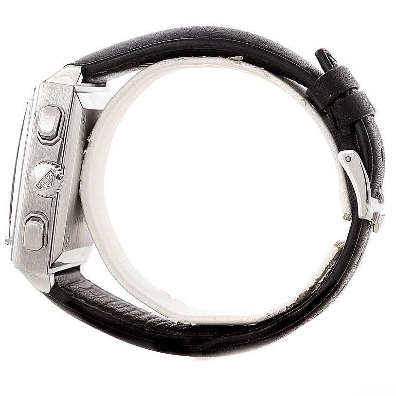 Side view of a Tag Heuer Monaco CS2111 Men's Stainless Steel Black Dial CS2111 Men's Stainless Steel Black Dial watch showing its crown, pushers, and leather strap.