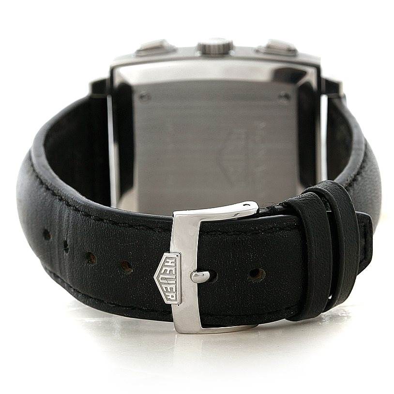 The image shows the back angle of a Tag Heuer Monaco CS2111 Men's Stainless Steel Black Dial CS2111 Men's Stainless Steel Black Dial watch, highlighting the leather strap and buckle.