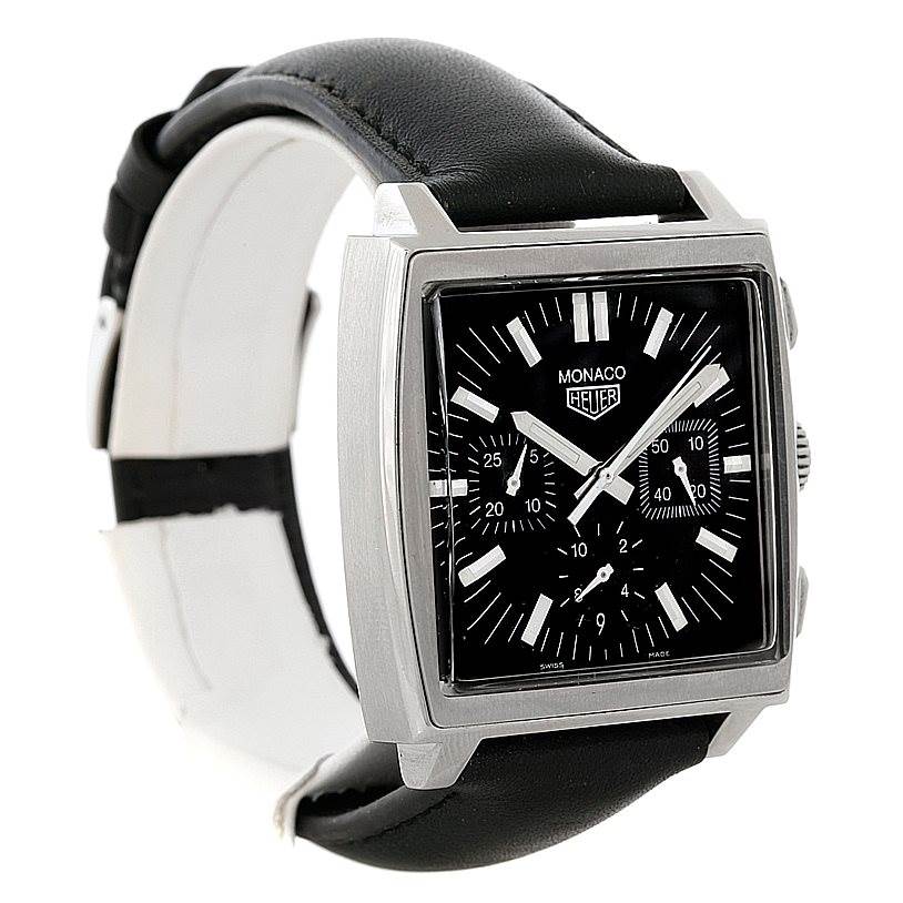 This Tag Heuer Monaco CS2111 Men's Stainless Steel Black Dial CS2111 Men's Stainless Steel Black Dial watch is shown at a slight angle, highlighting its square face and black leather strap.