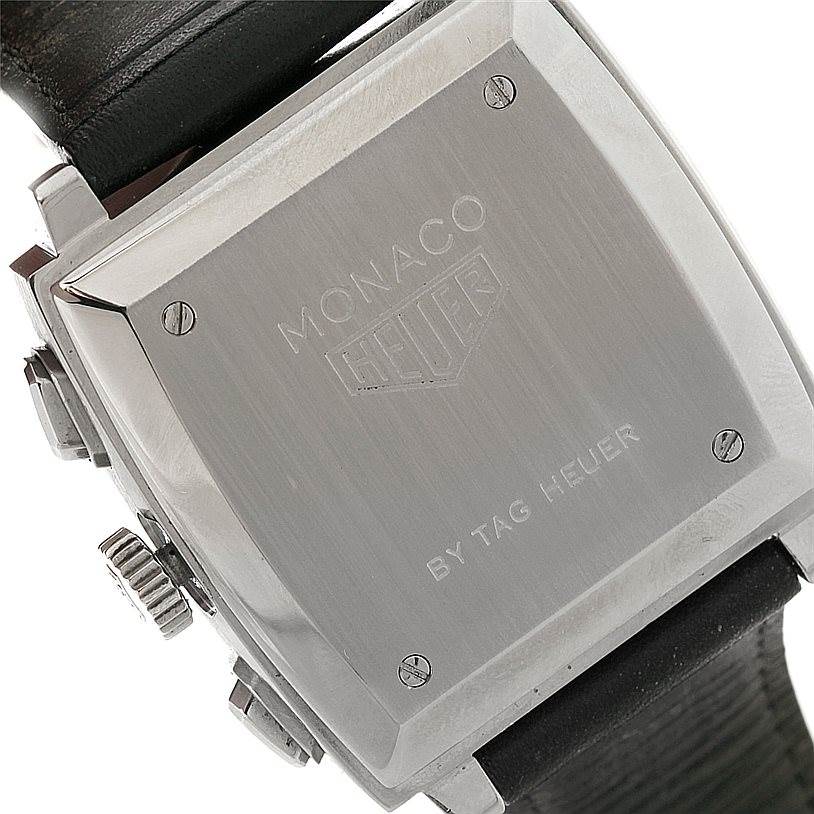 The image shows the back casing and side buttons of a Tag Heuer Monaco CS2111 Men's Stainless Steel Black Dial CS2111 Men's Stainless Steel Black Dial watch.