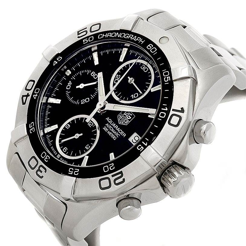 The image shows a close-up of the Tag Heuer Aquaracer CAF2110 Men's Stainless Steel Black Dial CAF2110 Men's Stainless Steel Black Dial watch, focusing on the chronograph dial and bezel from a diagonal angle.