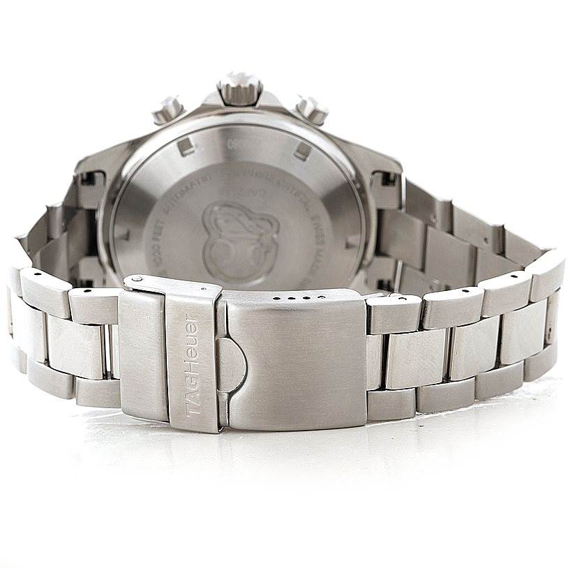 The image shows the back view of a Tag Heuer Aquaracer CAF2110 Men's Stainless Steel Black Dial CAF2110 Men's Stainless Steel Black Dial watch, focusing on the case back and stainless steel bracelet with clasp.