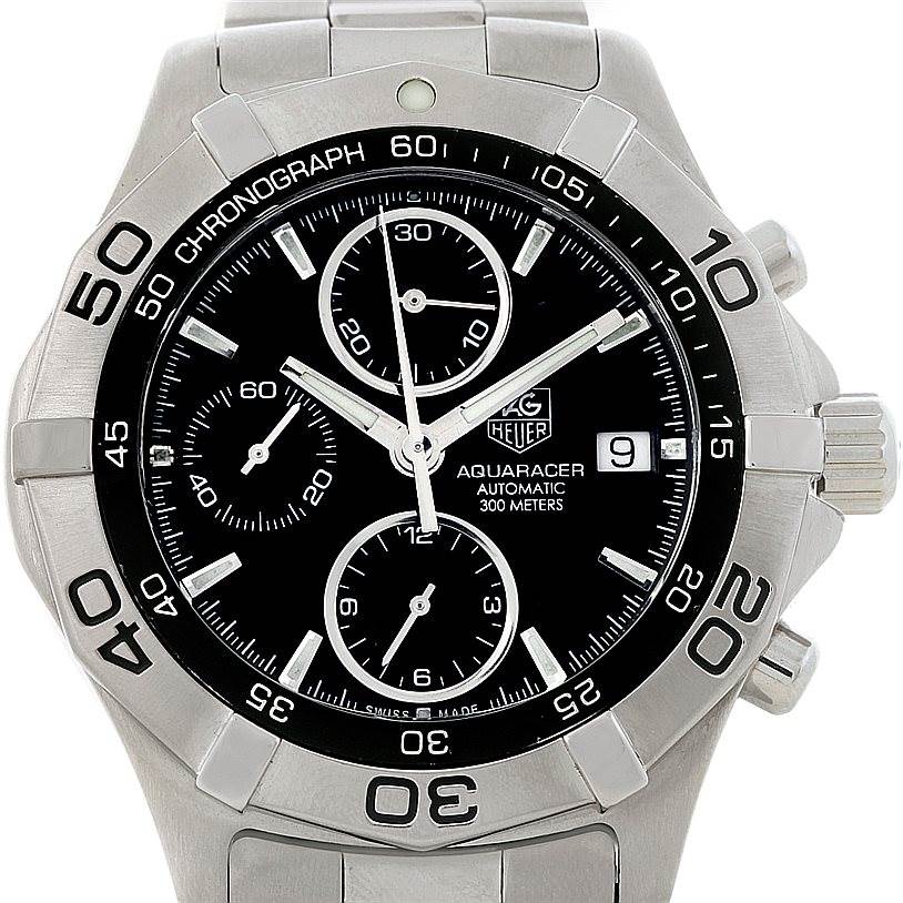 This image shows a frontal view of a Tag Heuer Aquaracer CAF2110 Men's Stainless Steel Black Dial CAF2110 Men's Stainless Steel Black Dial watch displaying the dial, bezel, and chronograph subdials.