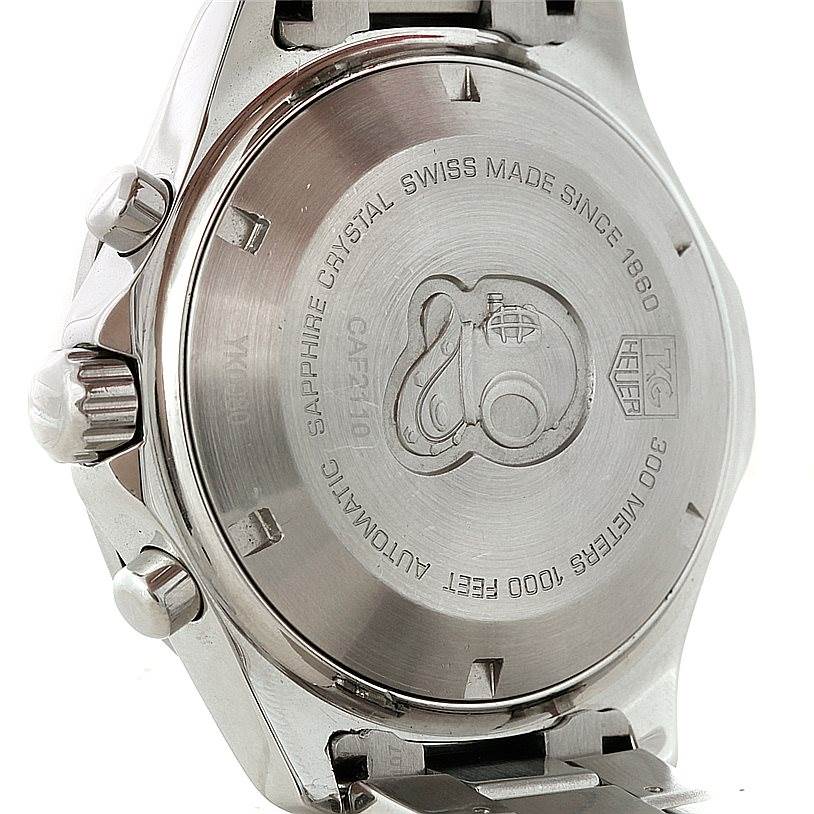 The image shows the back case and part of the bracelet of a Tag Heuer Aquaracer CAF2110 Men's Stainless Steel Black Dial CAF2110 Men's Stainless Steel Black Dial watch at an angled view.