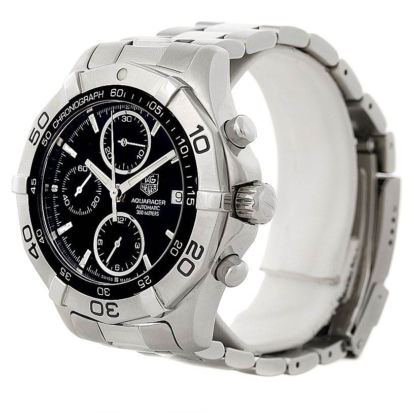 The image shows a Tag Heuer Aquaracer CAF2110 Men's Stainless Steel Black Dial CAF2110 Men's Stainless Steel Black Dial watch from an angled side, featuring its bezel, dial, chronograph sub-dials, and bracelet.