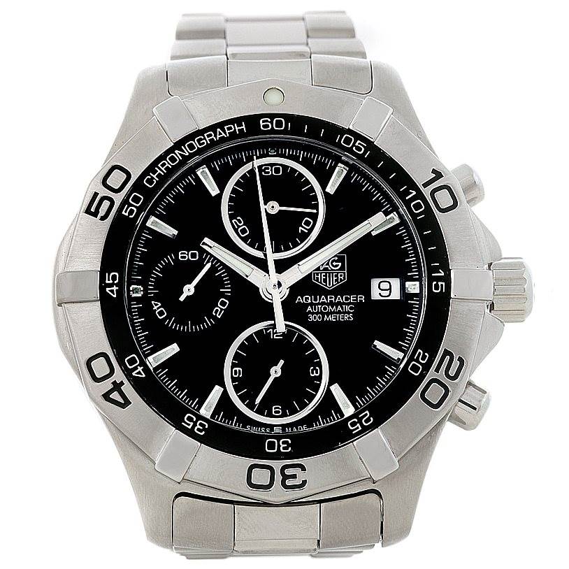 The image shows a front view of the Tag Heuer Aquaracer CAF2110 Men's Stainless Steel Black Dial CAF2110 Men's Stainless Steel Black Dial watch, highlighting the bezel, dial, sub-dials, and metal bracelet.