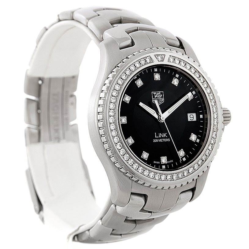 The Tag Heuer Link WJ1117 Men's Stainless Steel  WJ1117 Men's Stainless Steel  watch is shown at a three-quarter angle, displaying its dial, bezel, and bracelet.