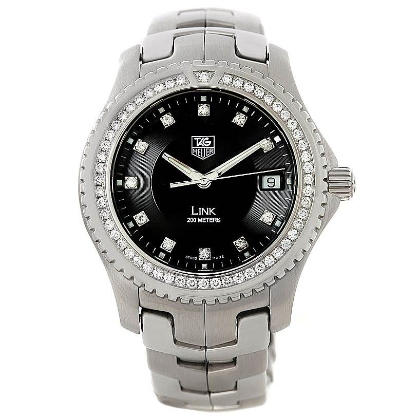 The image shows a Tag Heuer Link WJ1117 Men's Stainless Steel  WJ1117 Men's Stainless Steel  model watch from a front angle, displaying the face, bezel, and a portion of the bracelet.
