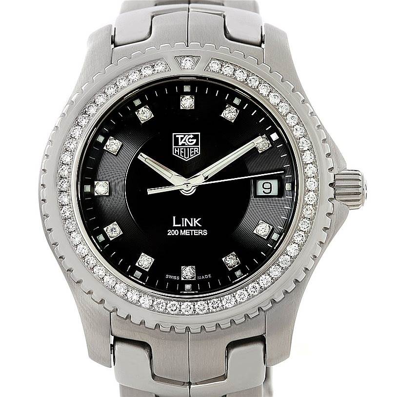 This image shows the face and bezel of a Tag Heuer Link WJ1117 Men's Stainless Steel  WJ1117 Men's Stainless Steel  model watch, with a diamond-studded bezel and a black dial.
