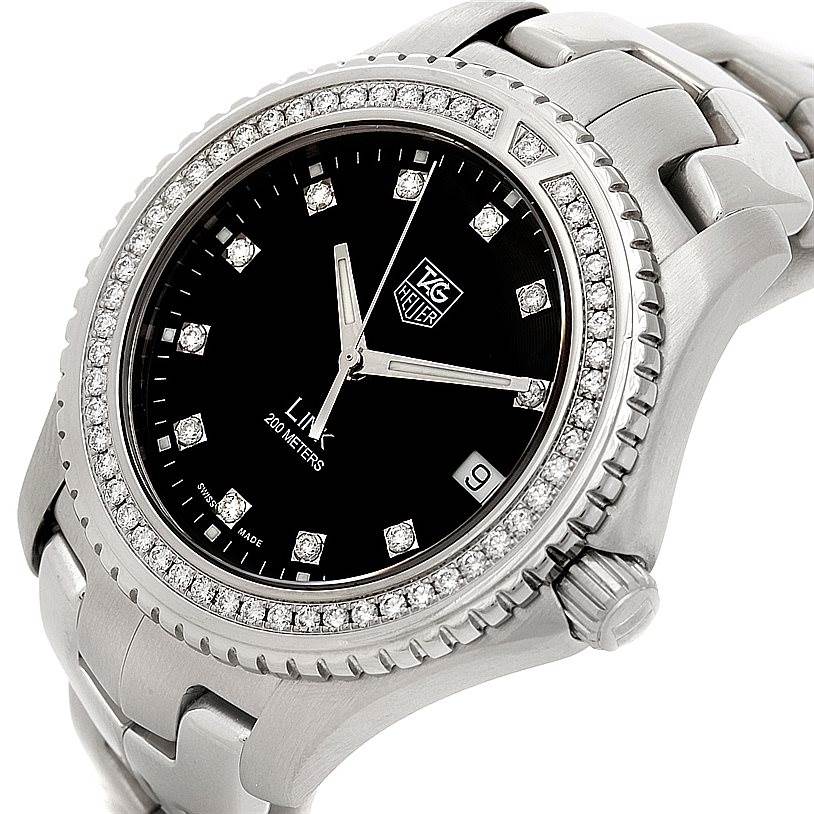 The Tag Heuer Link WJ1117 Men's Stainless Steel  WJ1117 Men's Stainless Steel  watch is shown at a front-side angle, highlighting its diamond-encrusted bezel, black dial, and stainless steel bracelet.