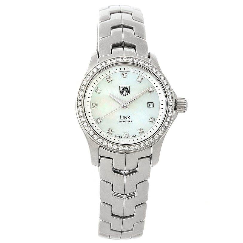 The Tag Heuer Link WJF1319 Women's Stainless Steel Mother of Pearl Dial WJF1319 Women's Stainless Steel Mother of Pearl Dial model watch is shown from a frontal angle, displaying the face, bezel, and bracelet.