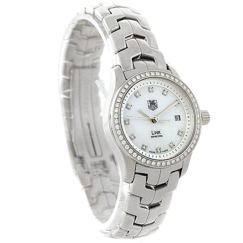 The image shows a Tag Heuer Link WJF1319 Women's Stainless Steel Mother of Pearl Dial WJF1319 Women's Stainless Steel Mother of Pearl Dial model watch from an angled front view, highlighting its bracelet, bezel, and dial.