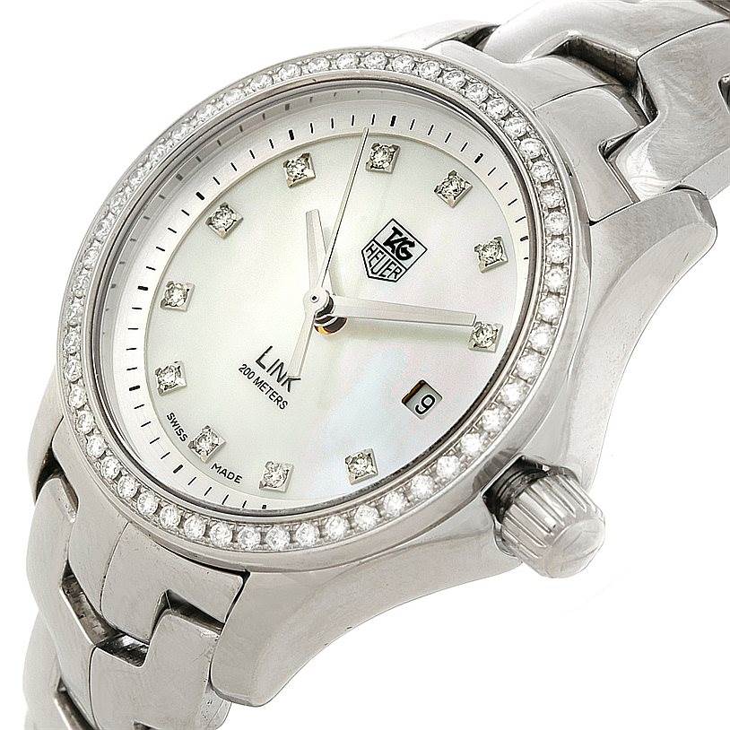 This image shows a close-up, angled view of the face and bracelet of a Tag Heuer Link WJF1319 Women's Stainless Steel Mother of Pearl Dial WJF1319 Women's Stainless Steel Mother of Pearl Dial watch.
