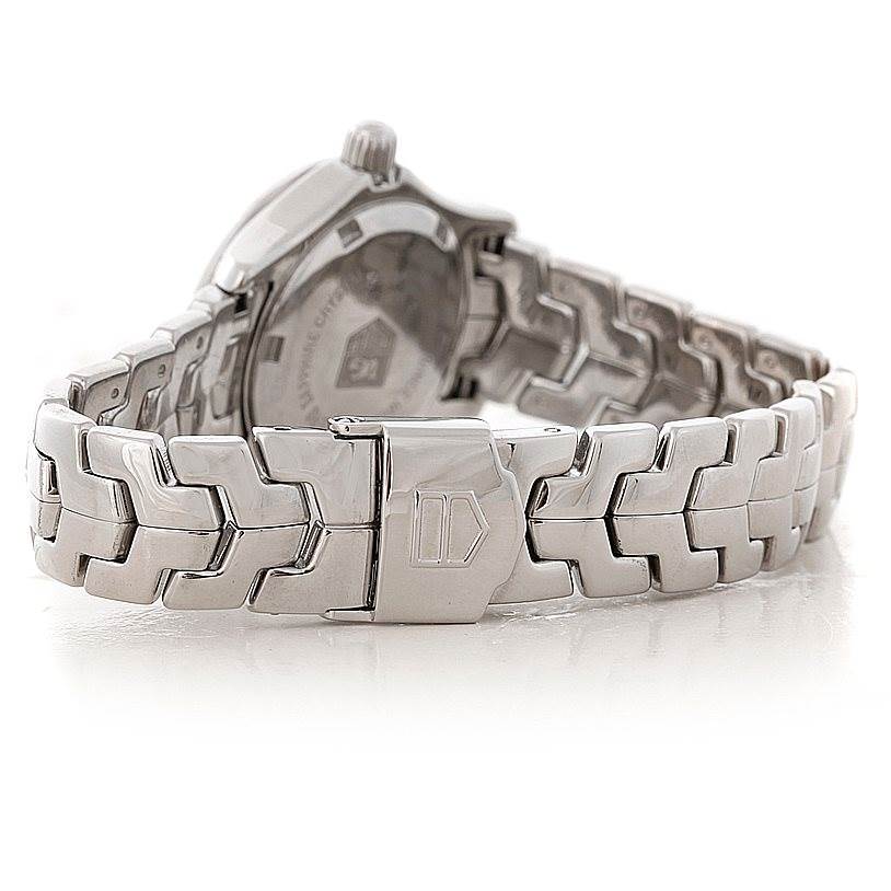 The image shows the back view of a Tag Heuer Link WJF1319 Women's Stainless Steel Mother of Pearl Dial WJF1319 Women's Stainless Steel Mother of Pearl Dial model watch, focusing on its bracelet and clasp.