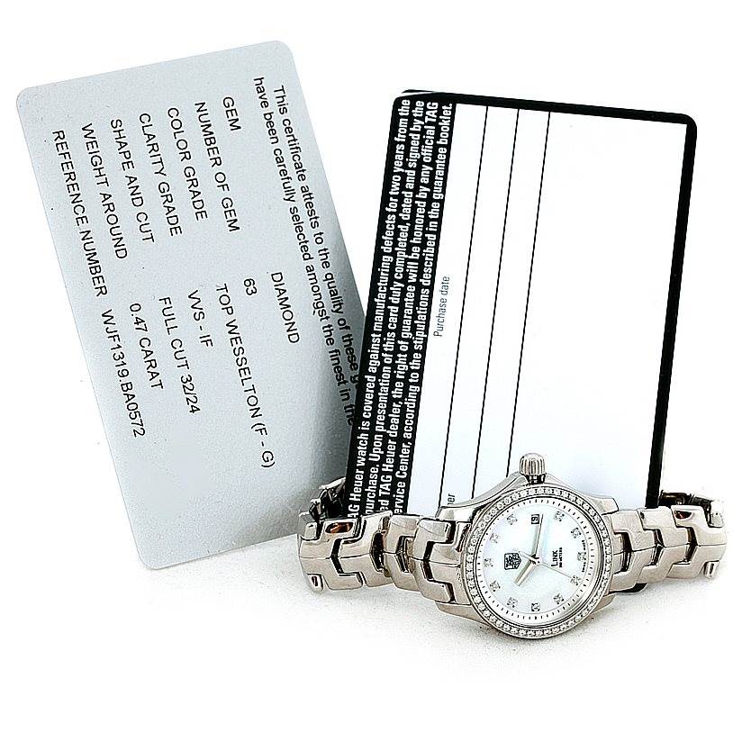 The image shows a Tag Heuer Link WJF1319 Women's Stainless Steel Mother of Pearl Dial WJF1319 Women's Stainless Steel Mother of Pearl Dial watch model along with its certification cards and documentation.