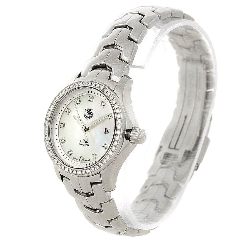 The image shows a Tag Heuer Link WJF1319 Women's Stainless Steel Mother of Pearl Dial WJF1319 Women's Stainless Steel Mother of Pearl Dial watch from a front-side angle, highlighting the face, bezel, and bracelet.