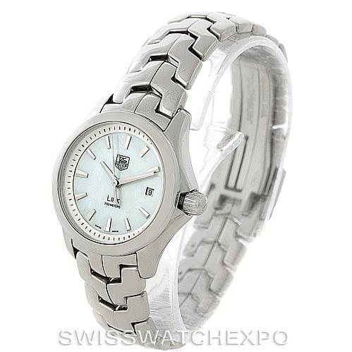 The image shows a Tag Heuer Link WJF1310 Women's Stainless Steel Mother of Pearl Dial WJF1310 Women's Stainless Steel Mother of Pearl Dial model watch at an angled view, displaying the face, bezel, bracelet, and clasp.